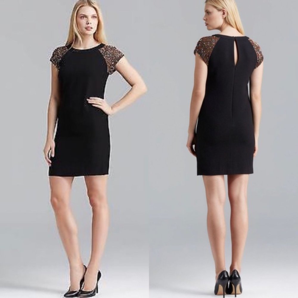 Trina Turk Crepe Sequin Embellished Shoulder Dress